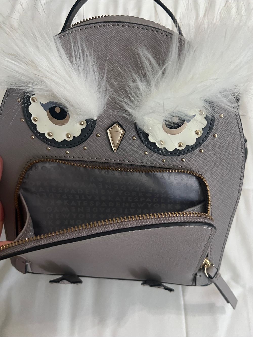 Brand New Kate Spade Gray Owl Backpack with Faux Fur Accents - Picture 6 of 6